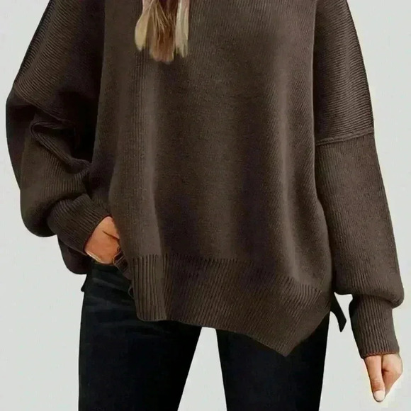Coffee Brown Casual Women's Solid Drop Shoulder Split Hem Sweater - Picture 2 of 4